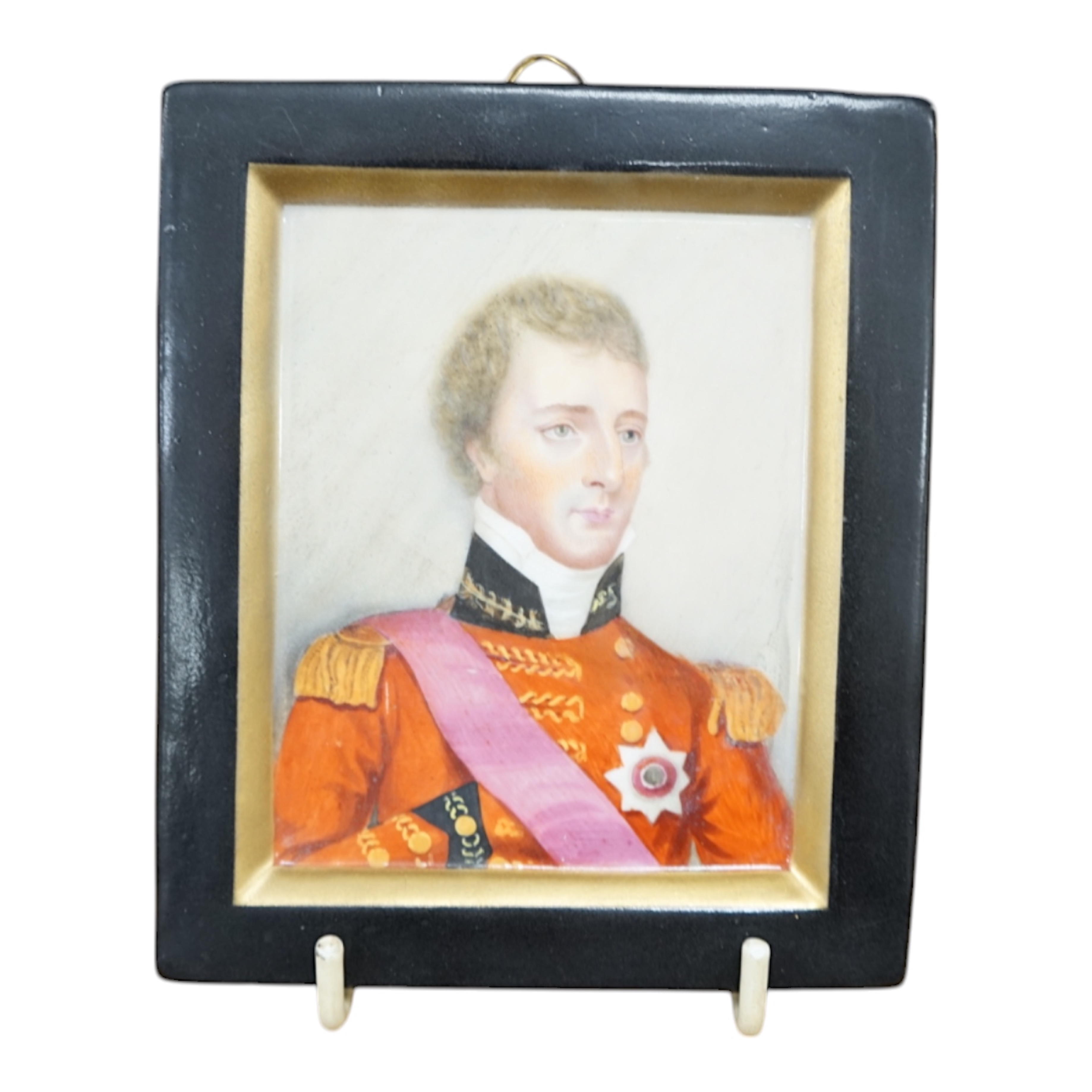 A 19th century hand painted porcelain plaque of Arthur Wellesley, Marquis and 1st Duke of Wellington, unsigned, 11 x 9.5cm. Condition - good